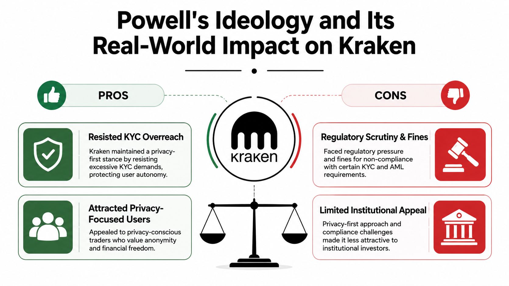 A comparison infographic showing pros and cons of Jesse Powell's privacy-focused ideology on the Kraken cryptocurrency exchange.