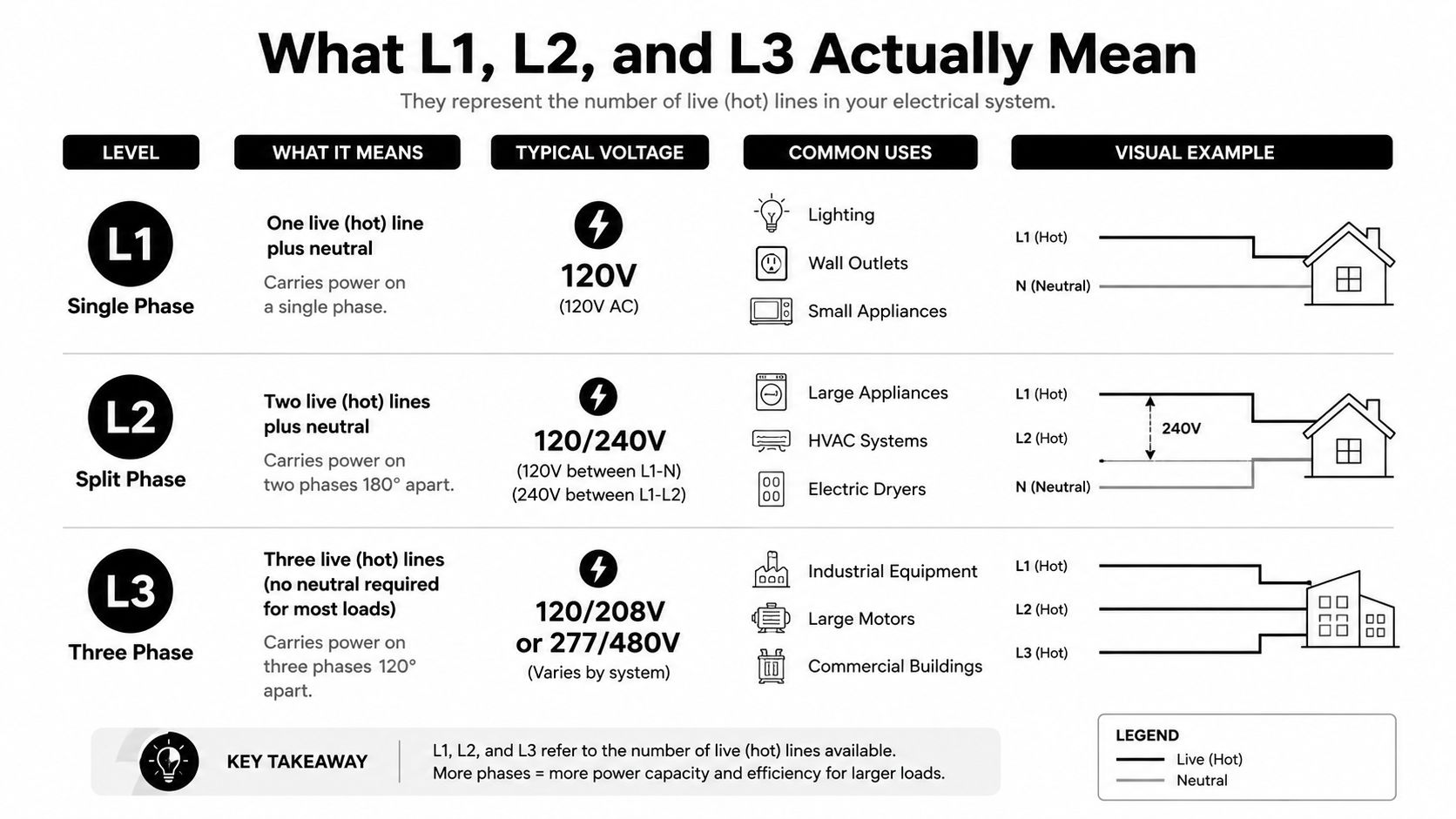 A chart explaining the differences between L1, L2, and L3 electrical systems, including voltage and common uses.