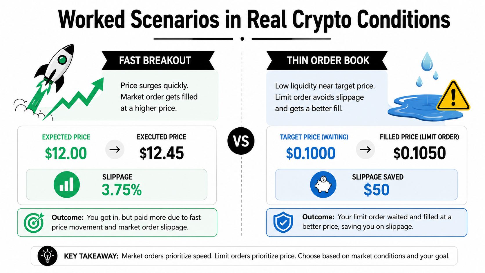An infographic comparing market orders and limit orders in crypto, highlighting slippage and price execution scenarios.