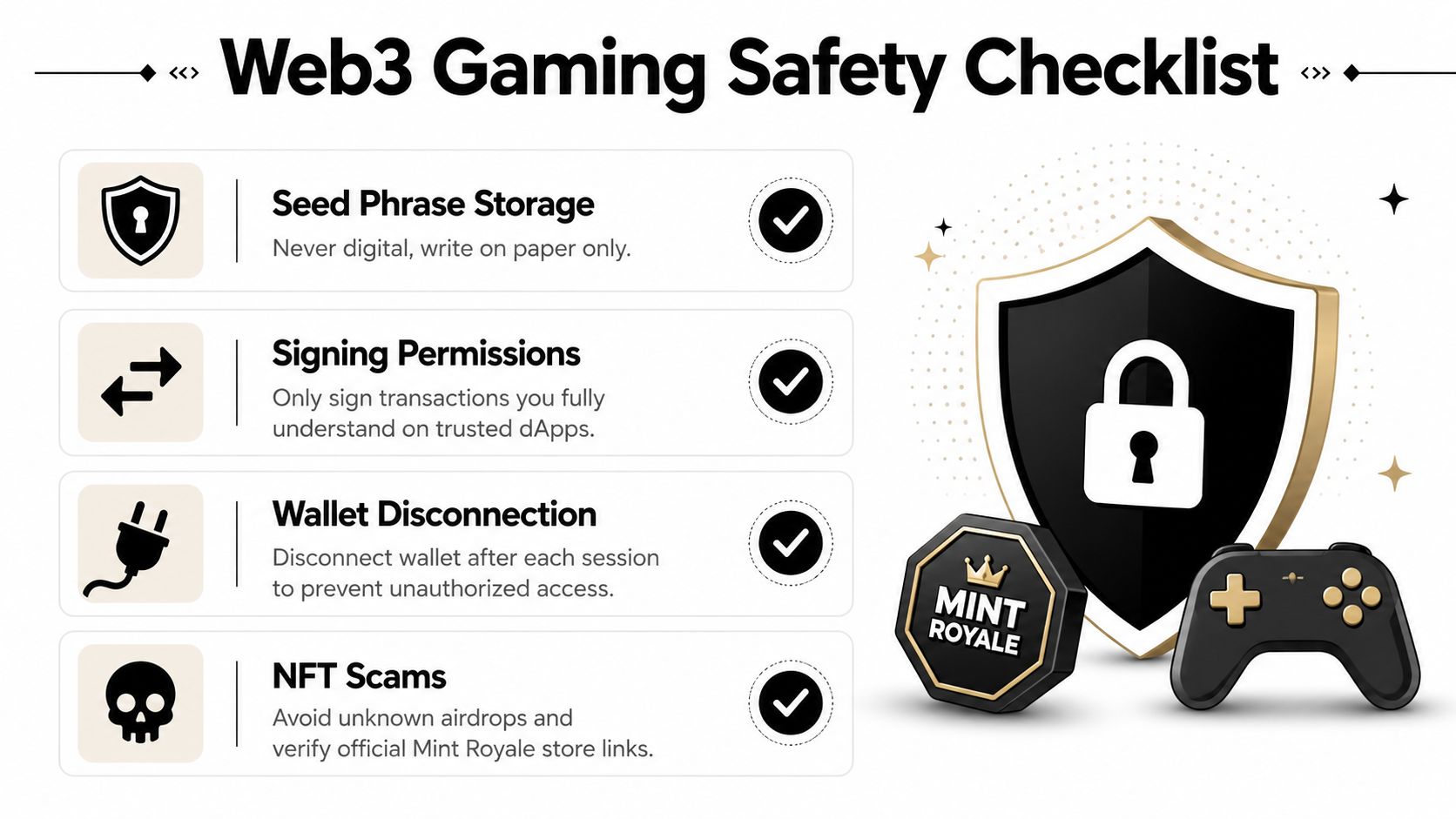 A web3 gaming safety checklist graphic featuring security tips for digital asset protection and wallet management.