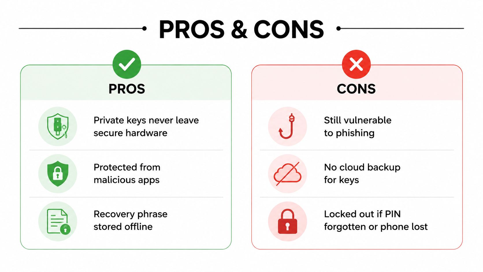 A comparison chart showing the advantages and disadvantages of using a hardware-based crypto wallet solution.