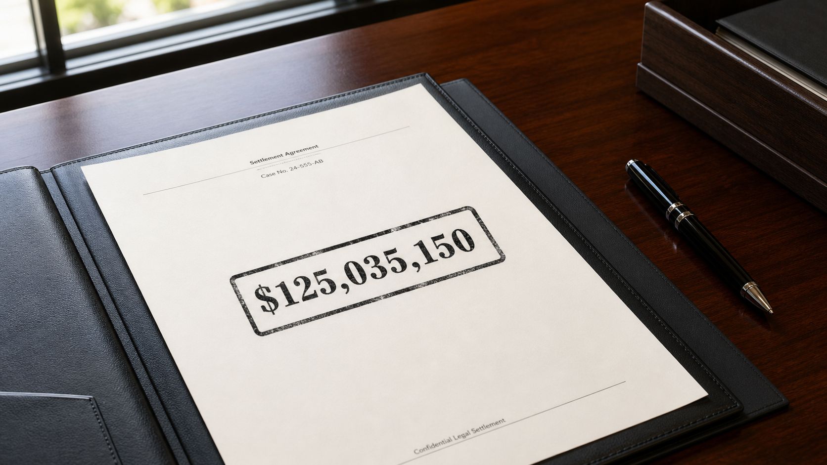 A leather document folder containing a legal settlement agreement document with a large monetary value stamp.