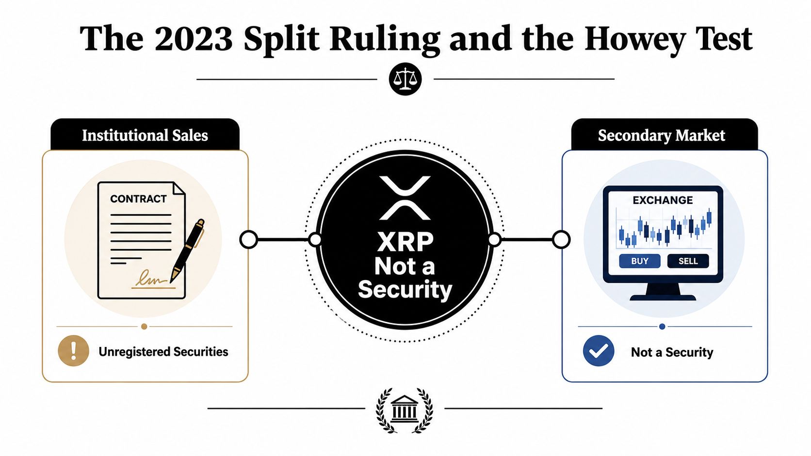 A diagram explaining the 2023 legal ruling classifying XRP institutional sales as securities and secondary market sales as non-securities.