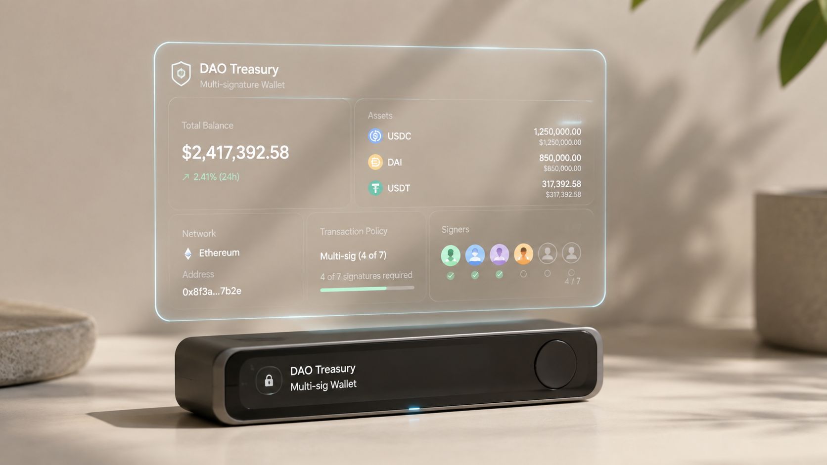 A futuristic digital holographic display showing DAO treasury crypto asset balances and multi-signature wallet security settings.