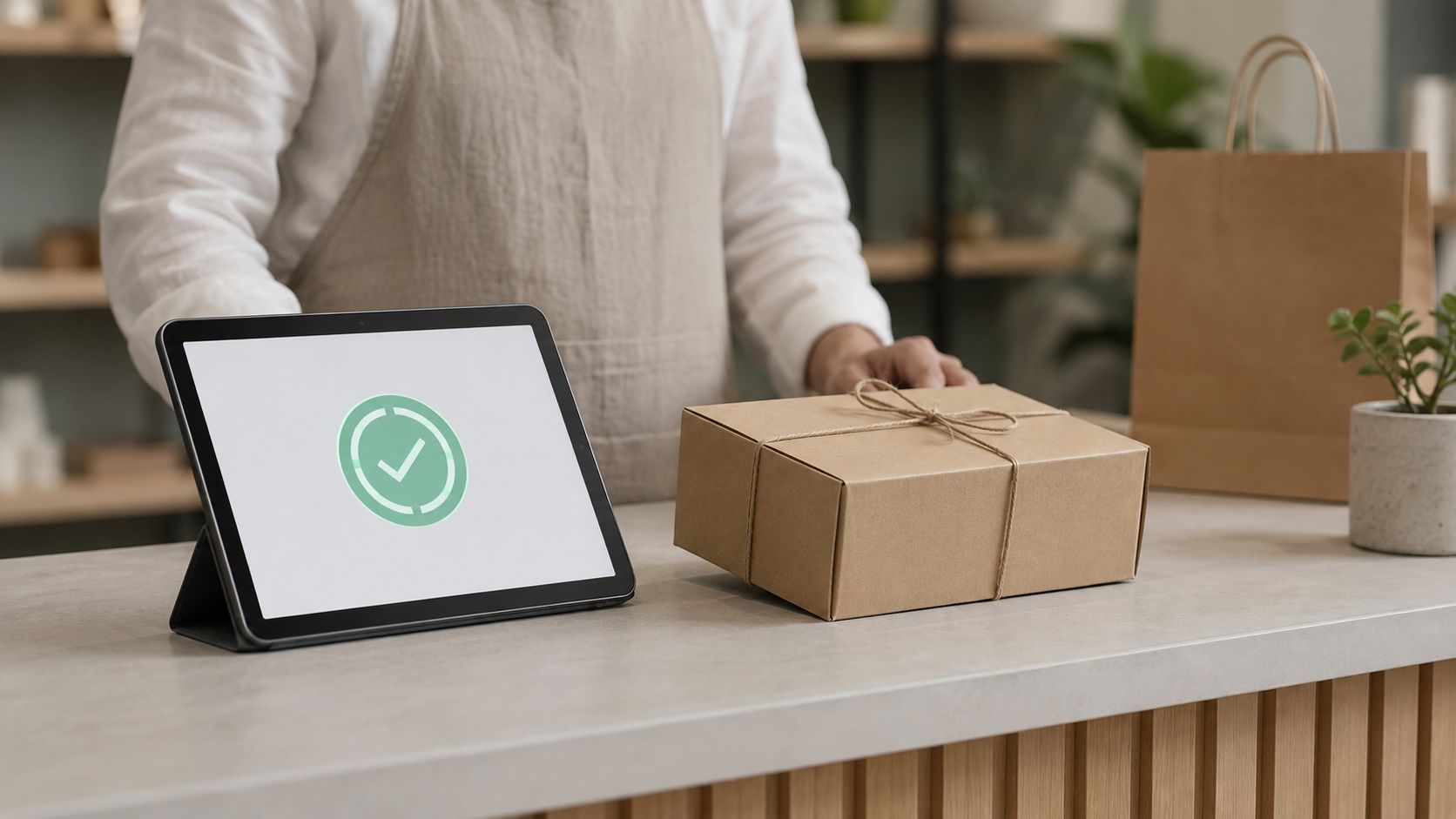 A shop assistant standing behind a counter with a parcel and a tablet displaying a checkmark symbol.