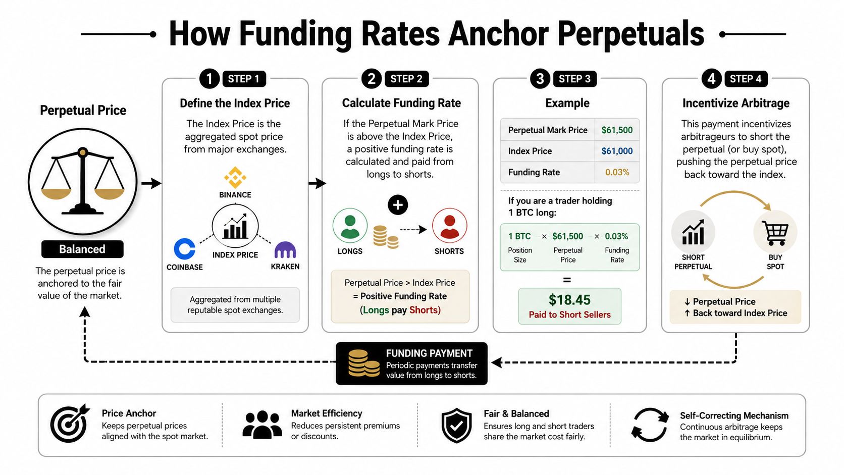 A diagram explaining how funding rates anchor cryptocurrency perpetual futures prices to spot market indexes.