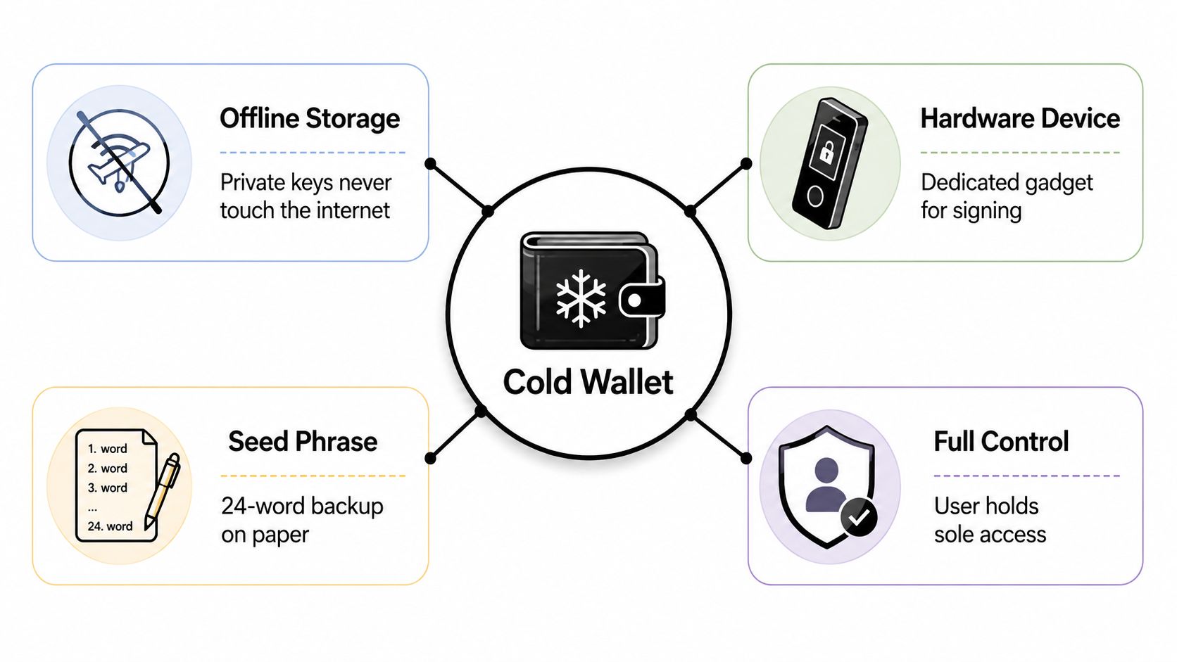 A diagram illustrating the core features of a cold wallet, including offline storage, hardware devices, seed phrases, and security.