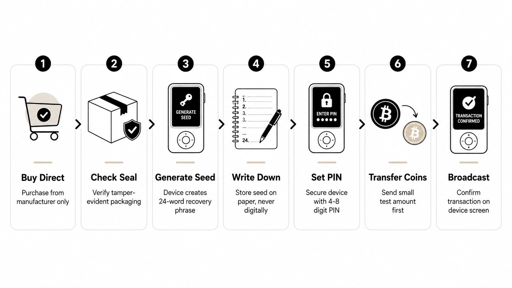 An infographic showing the seven-step process for setting up a secure cryptocurrency hardware cold wallet device.