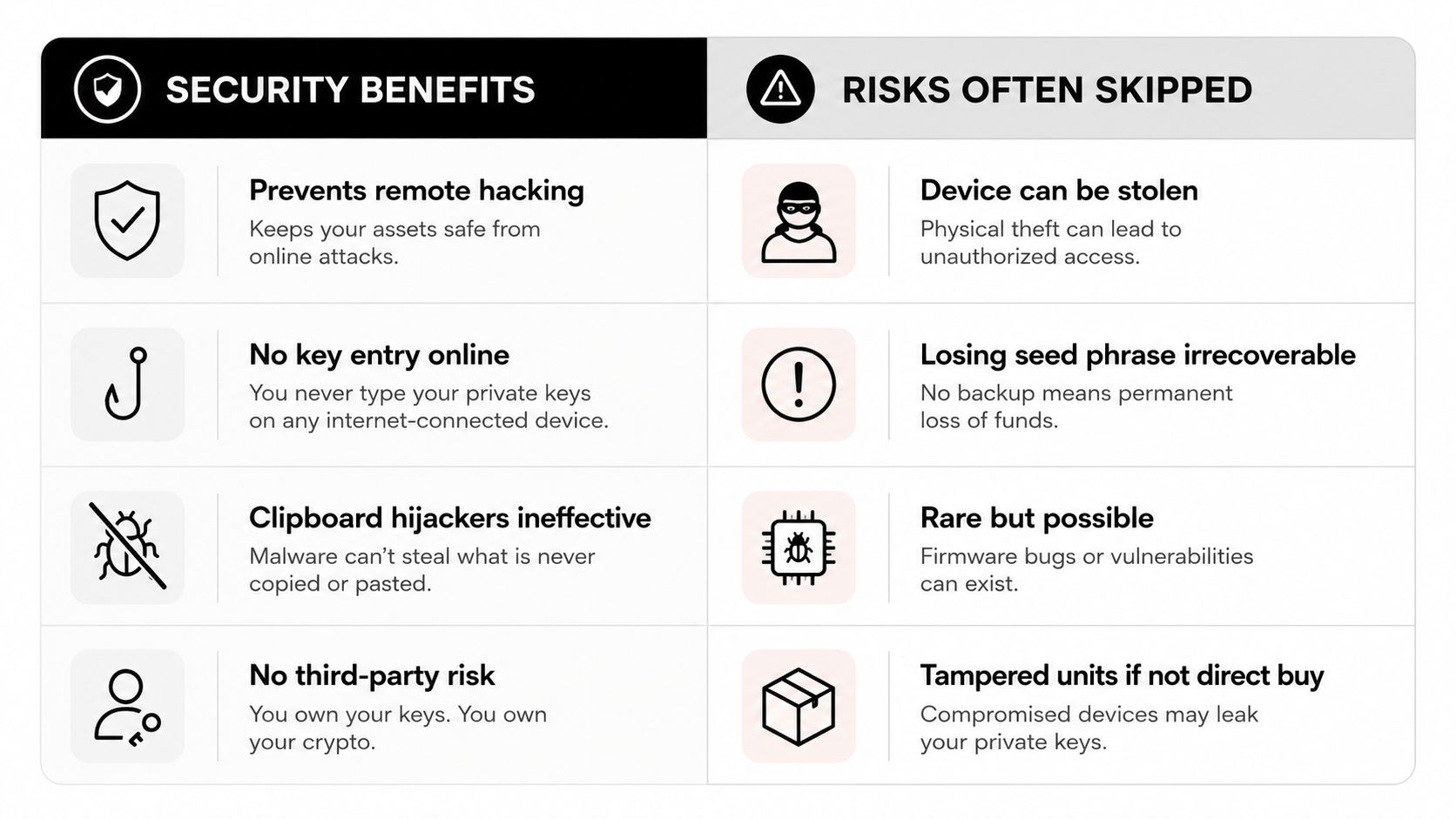 A comparison chart outlining the security benefits and potential risks associated with using cryptocurrency cold wallets.