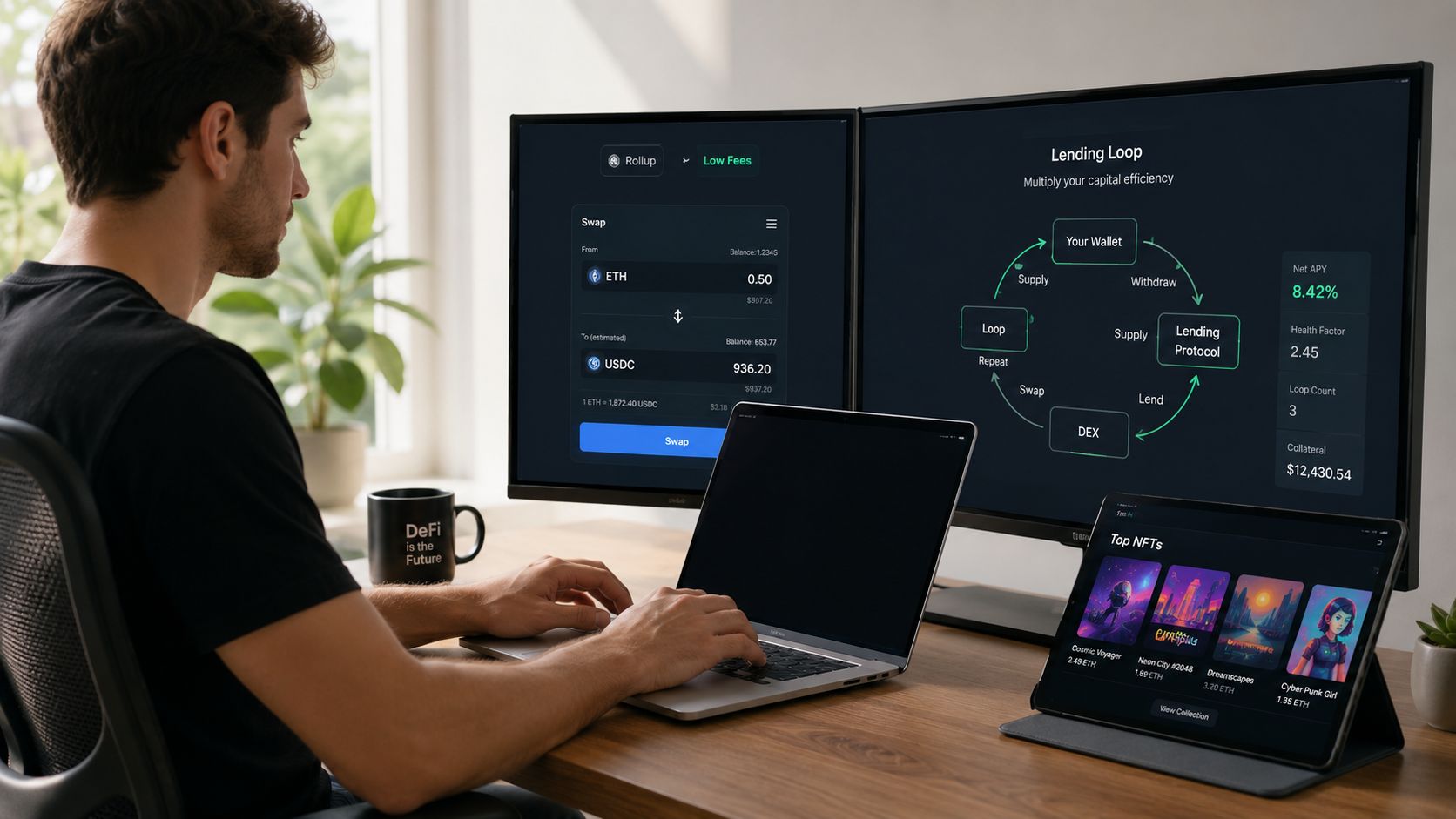 A person working at a desk with multiple screens displaying DeFi financial data, charts, and NFT collections.