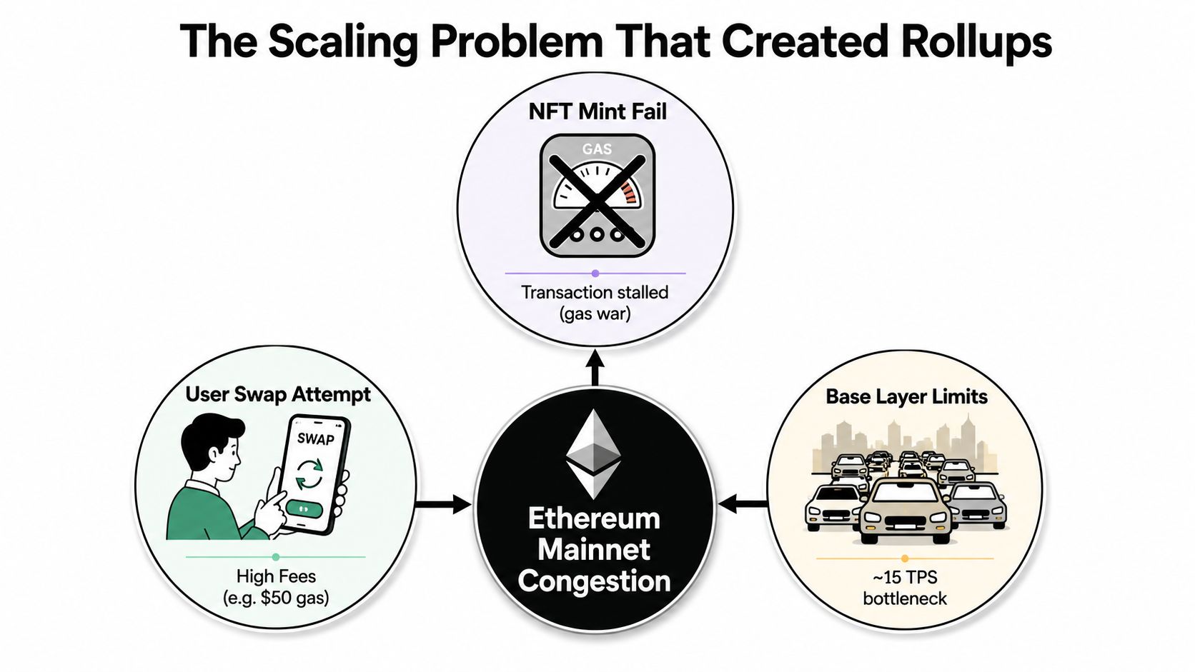 A diagram illustrating Ethereum mainnet congestion caused by high fees, transaction stalls, and base layer throughput limitations.