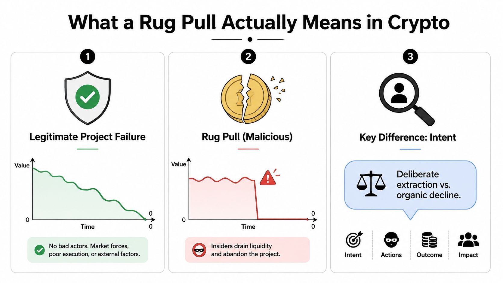 An infographic comparing legitimate crypto project failures with malicious rug pulls, highlighting intent as the key difference.