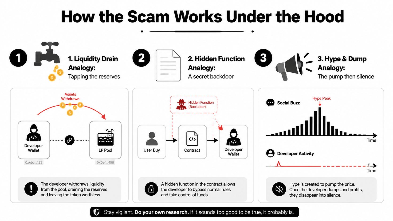 An infographic detailing how a crypto rug pull scam works through liquidity drainage, backdoors, and price manipulation.