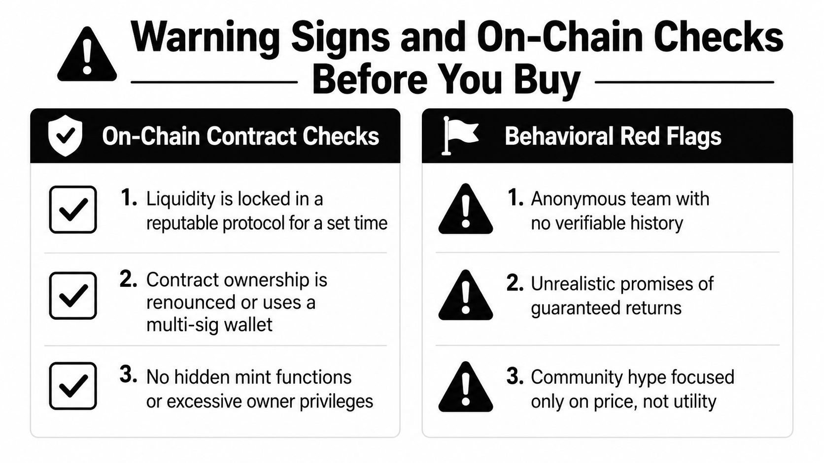 A warning sign infographic listing on-chain contract checks and behavioral red flags to identify crypto scams.