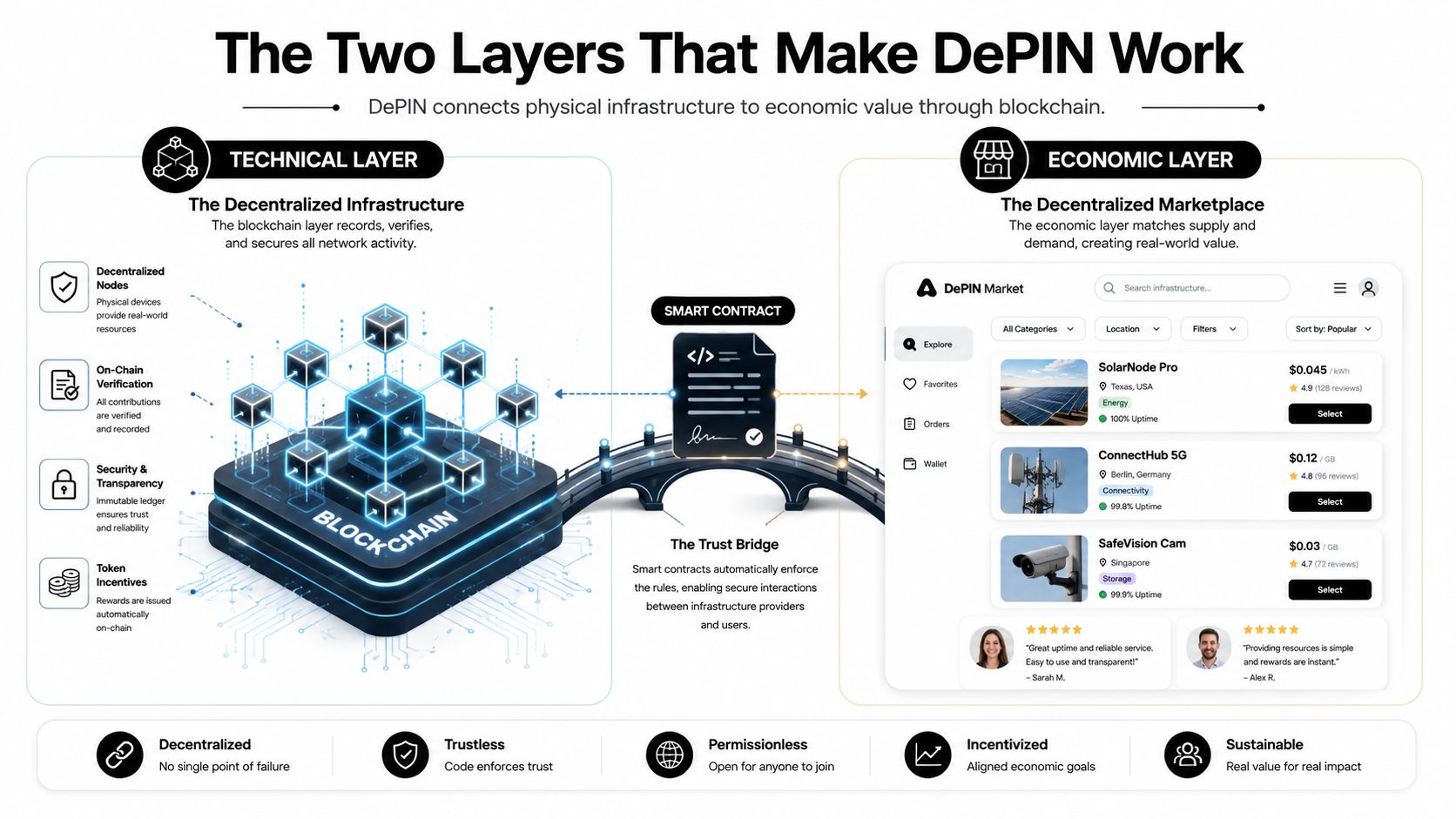 A diagram illustrating how DePIN connects physical infrastructure to economic value through blockchain and smart contracts.
