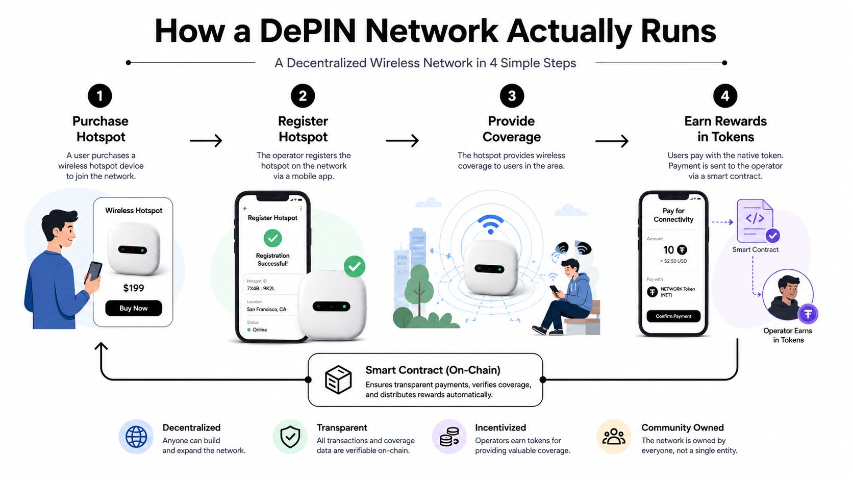 An infographic illustrating the four-step process of how a decentralized physical infrastructure network or DePIN operates.