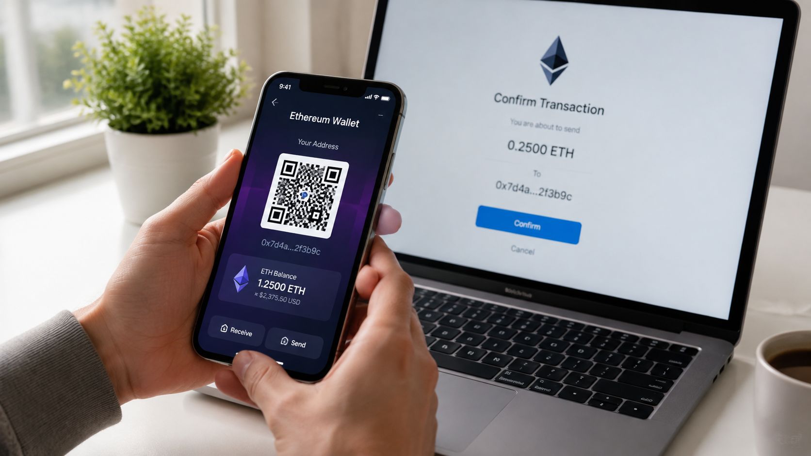 A person holding a smartphone showing an Ethereum wallet app while viewing a transaction on a laptop.