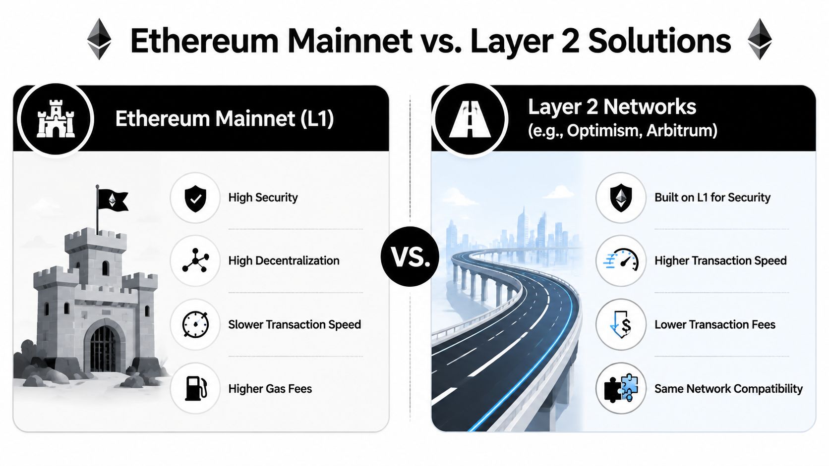 A comparison infographic between Ethereum Mainnet L1 and Layer 2 solutions highlighting their respective pros and cons.