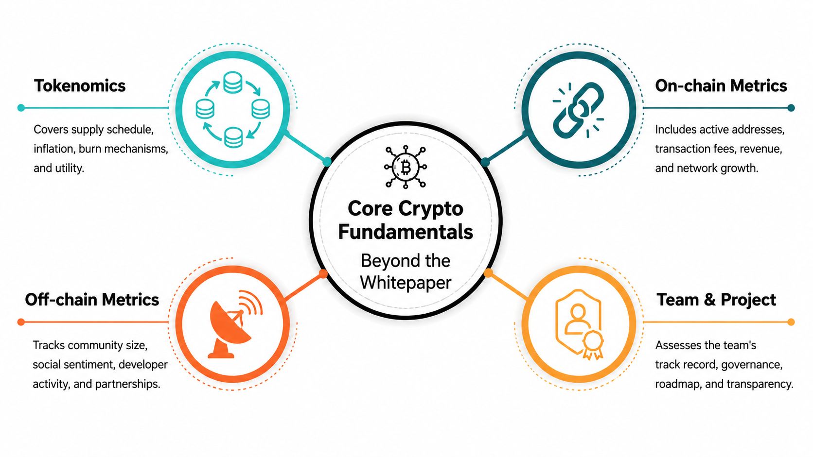 An infographic showing four key components for fundamental analysis of cryptocurrency: Tokenomics, On-chain Metrics, Off-chain Metrics, and Team.
