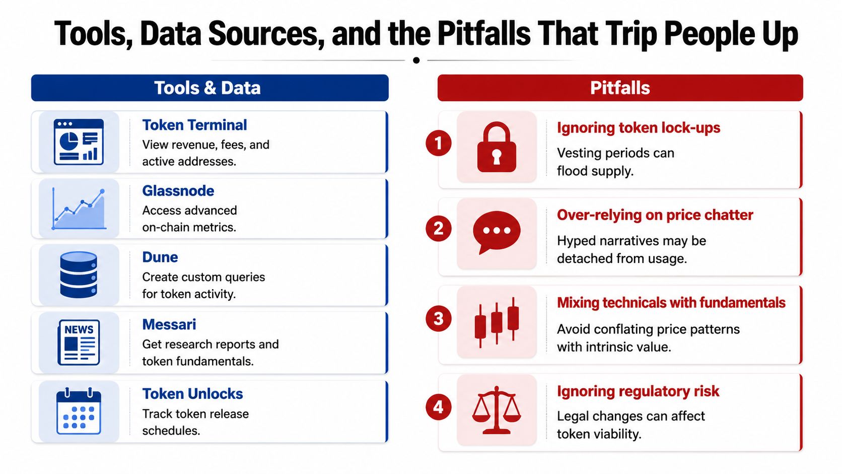 A chart detailing key tools for crypto research and common investor pitfalls to avoid in digital markets.