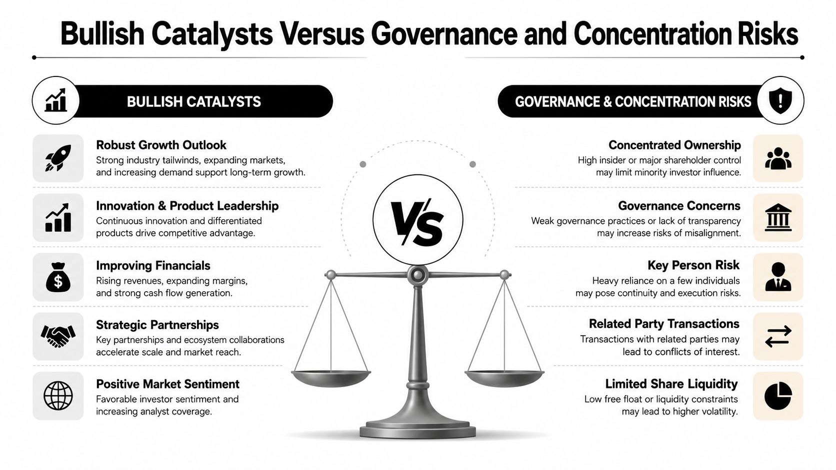 An infographic comparing bullish growth catalysts against governance and concentration risks for investment analysis.
