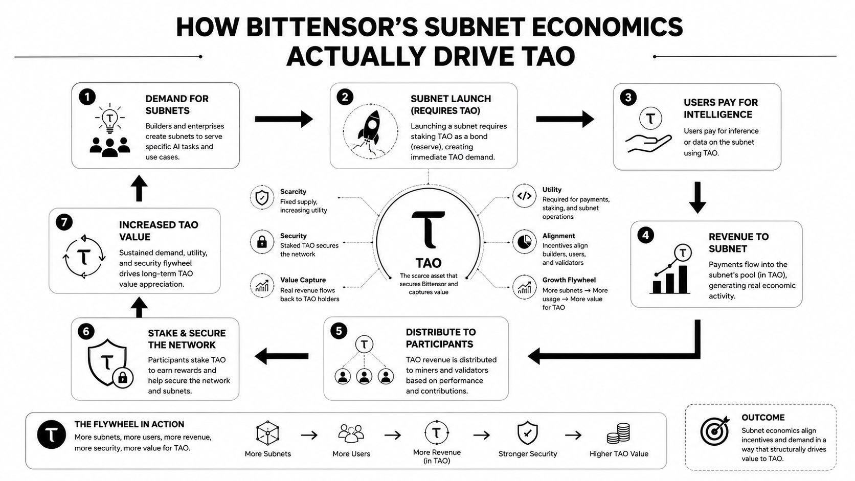A flowchart diagram explaining how Bittensor subnet economics work to drive long-term TAO value appreciation and utility.