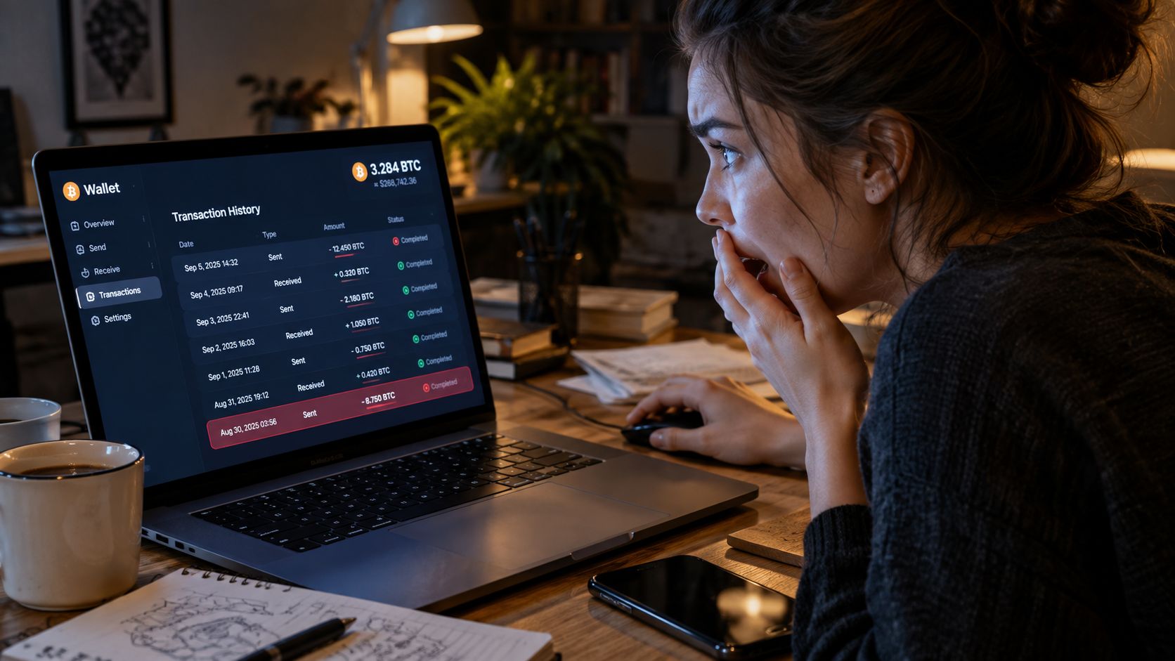 A woman looks shocked while viewing a cryptocurrency transaction history on her laptop screen at night.