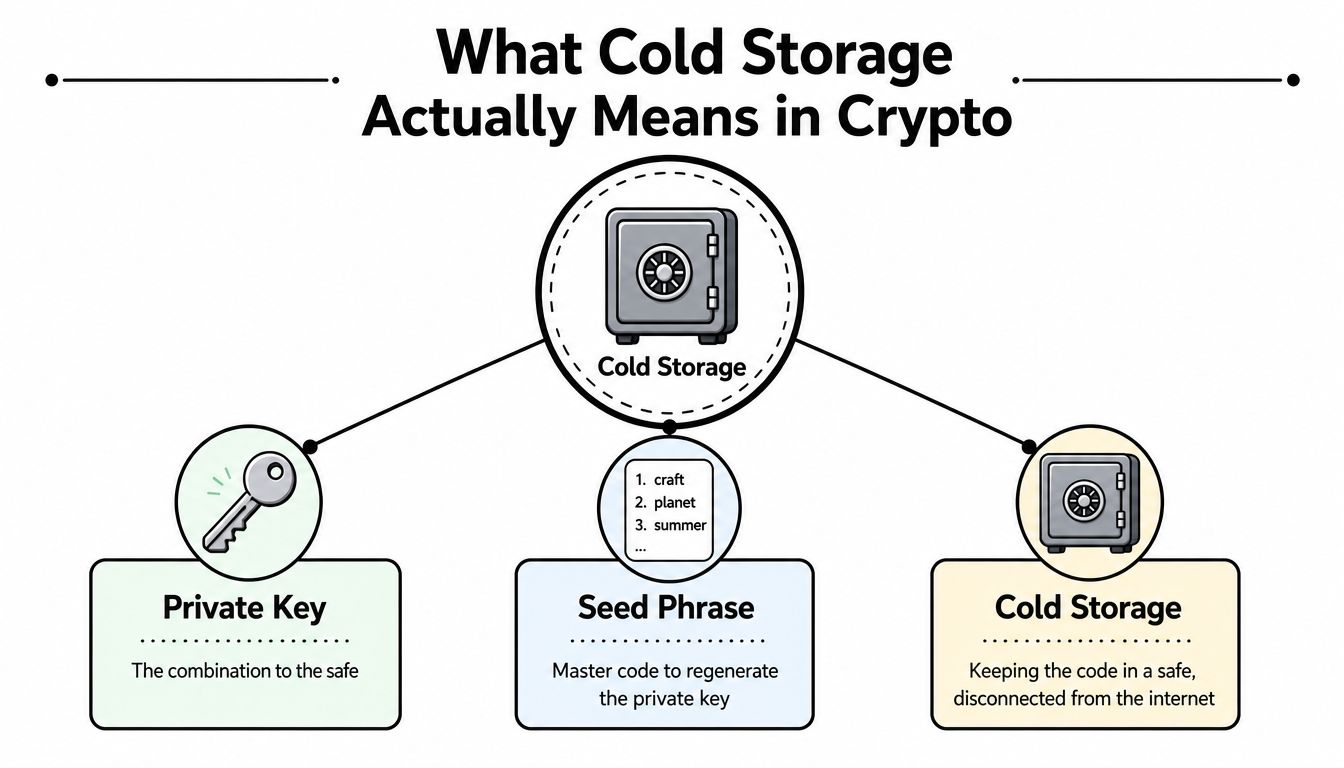 A diagram explaining crypto cold storage featuring a private key, seed phrase, and an offline safe.