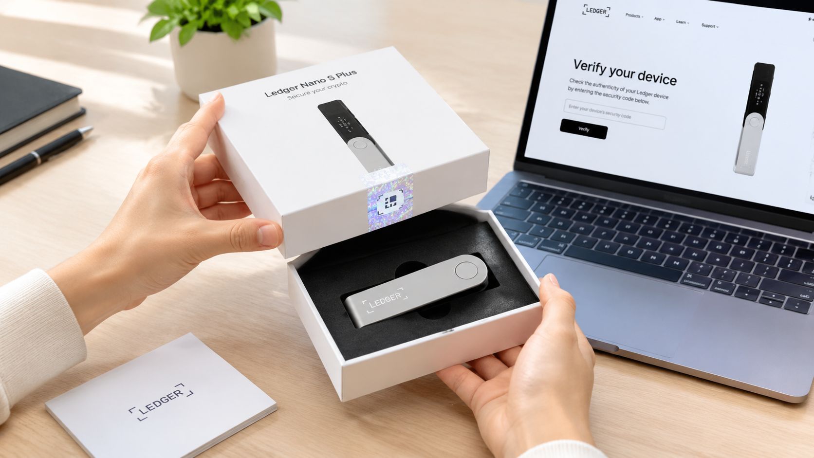 A person holding a new Ledger Nano S Plus cold storage device box over a laptop screen.