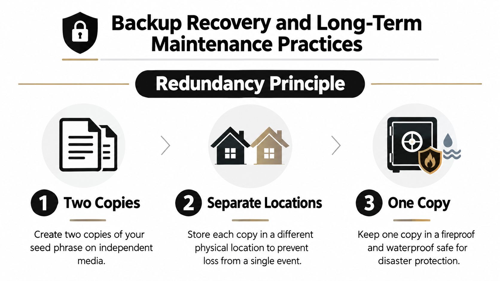 An infographic titled Backup Recovery and Long-Term Maintenance Practices showing three steps for seed phrase redundancy.