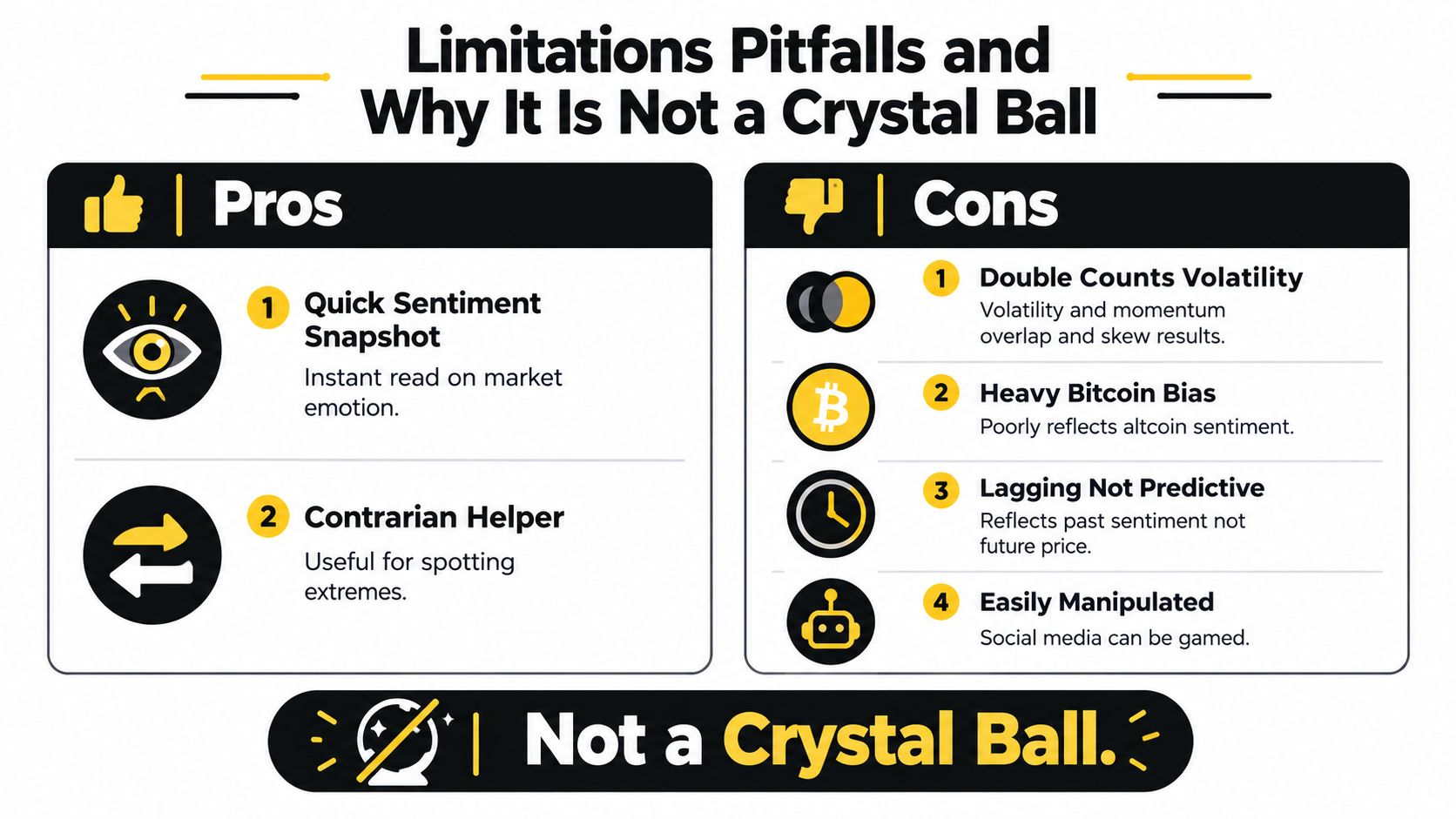 An infographic showing the pros and cons of using the crypto fear and greed index indicator.