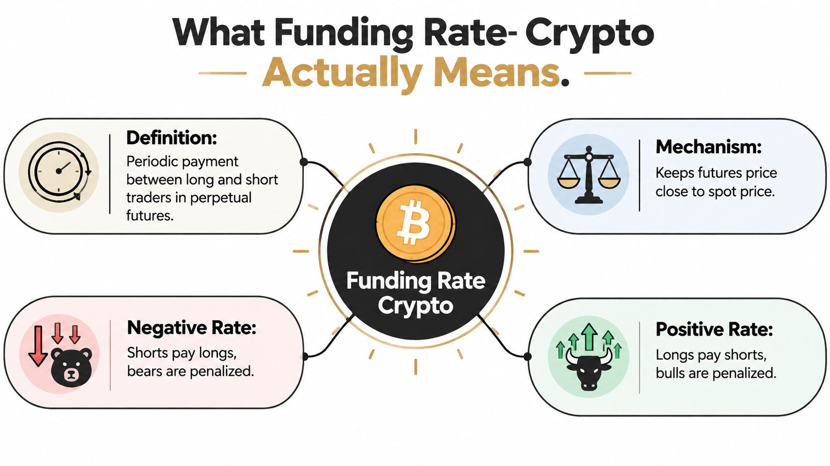 An infographic explaining the concept of cryptocurrency funding rates in perpetual futures trading with key definitions.