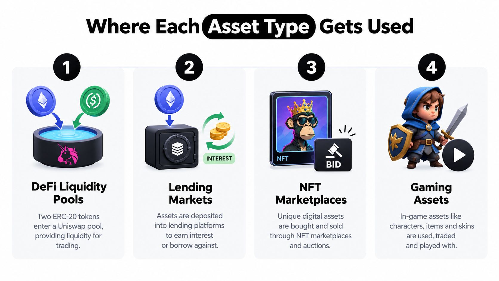A diagram illustrating four use cases for crypto assets including DeFi liquidity pools, lending, NFTs, and gaming.