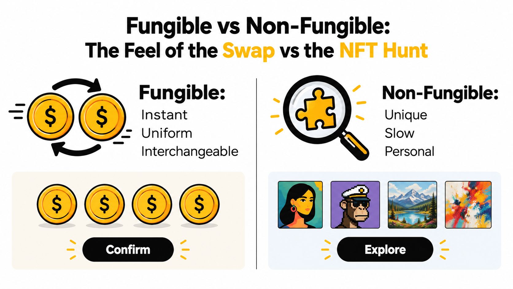An infographic comparing fungible items represented by gold coins to non-fungible items like digital art and NFTs.