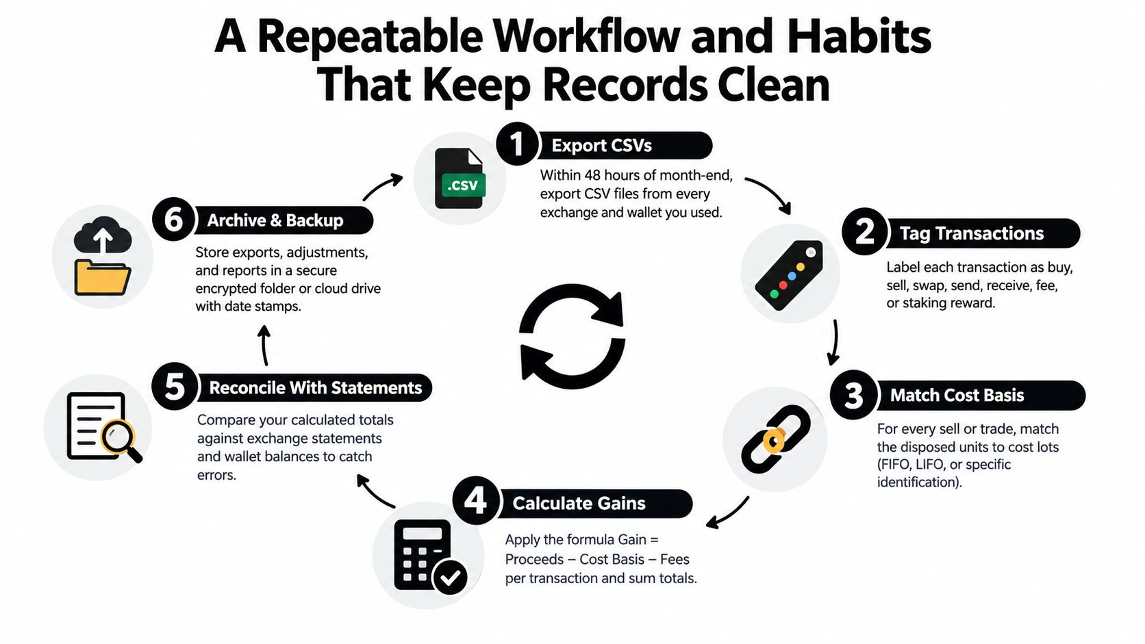 A circular flow diagram illustrating a six-step workflow for organizing and maintaining clean cryptocurrency financial transaction records.