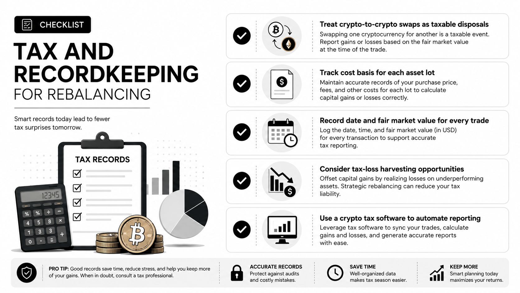 An infographic checklist titled Tax and Recordkeeping for Rebalancing, highlighting essential tips for cryptocurrency tax compliance.