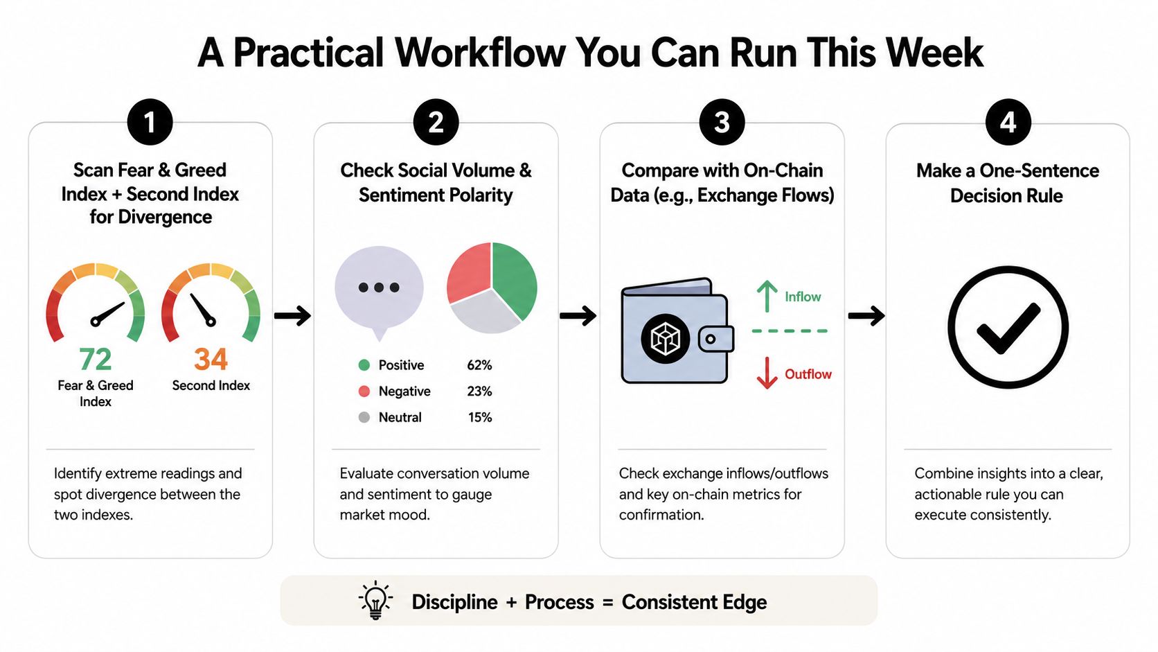 A four-step infographic illustrating a practical market sentiment analysis workflow for trading and investing decisions.