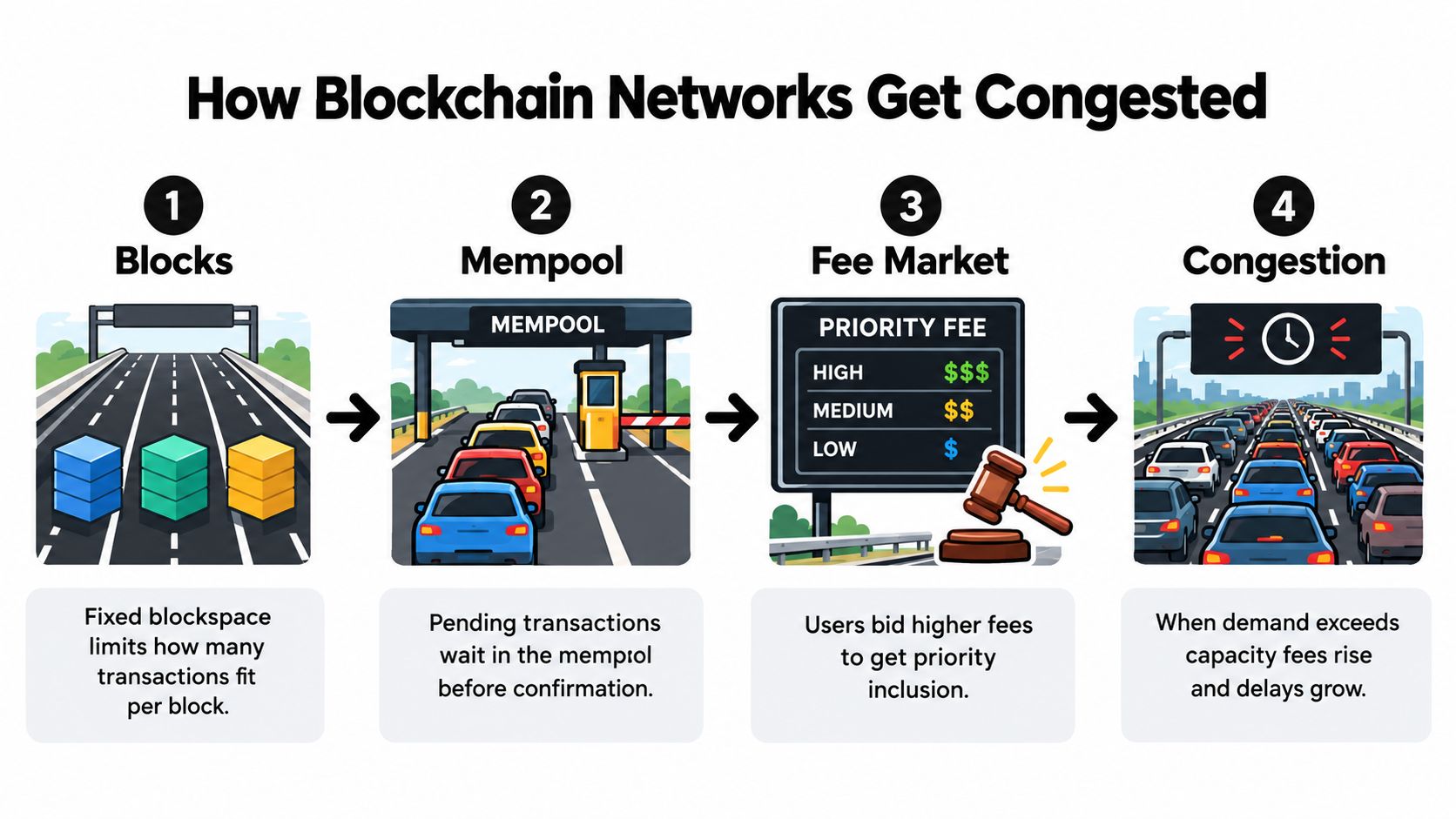 A four-step infographic illustrating how blockchain network congestion occurs due to limited blockspace and fee-based transaction prioritization.