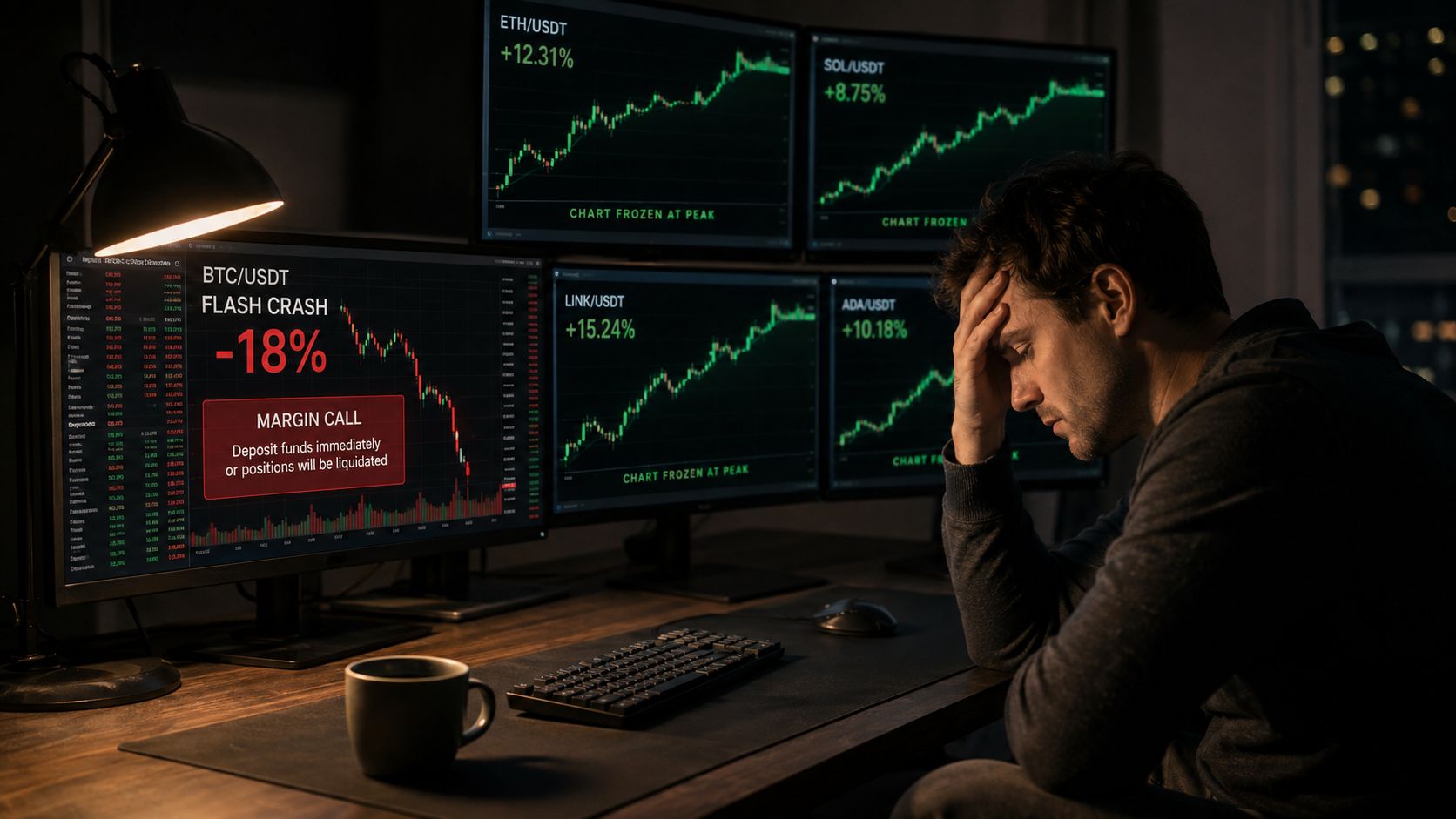 A stressed crypto trader looking at multiple monitors showing a Bitcoin market crash and margin call alert.