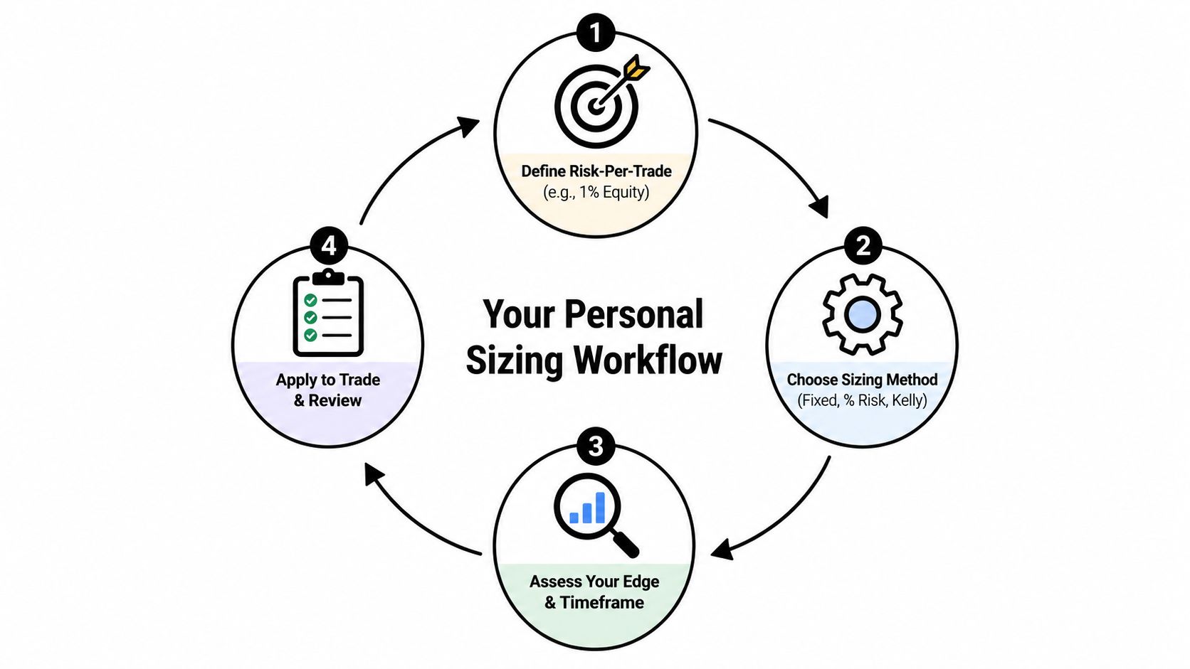A cyclical flowchart diagram illustrating a four-step personal trading position sizing workflow for financial markets.