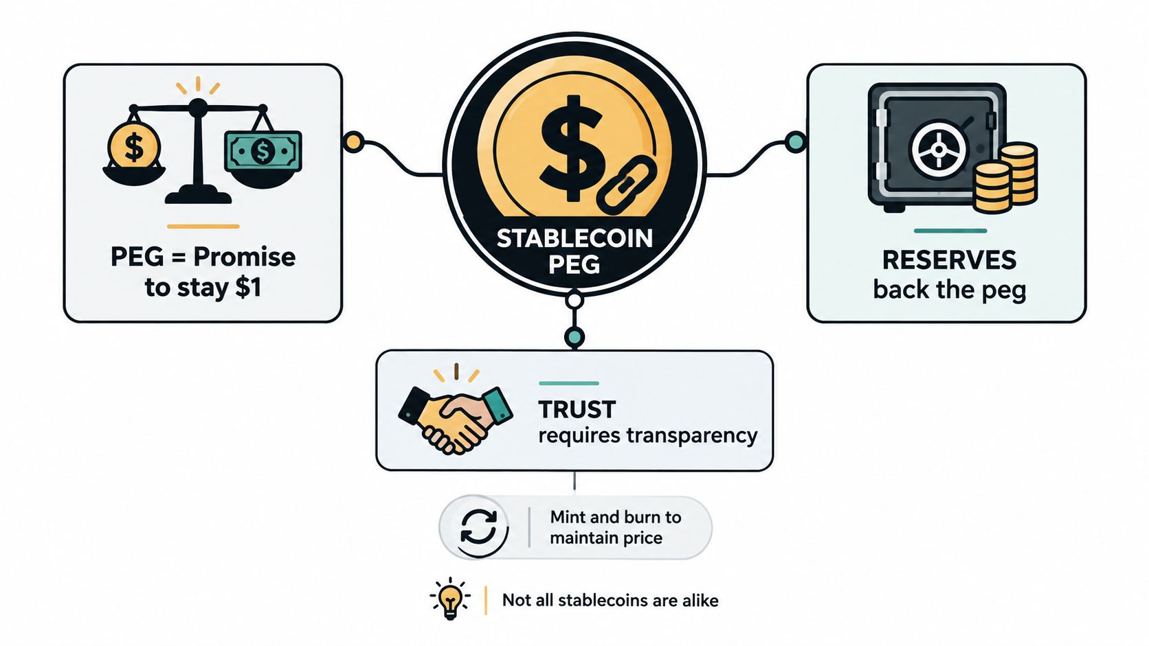 A diagram illustrating how stablecoins maintain their peg, reserves, trust, and price mechanism through transparency.