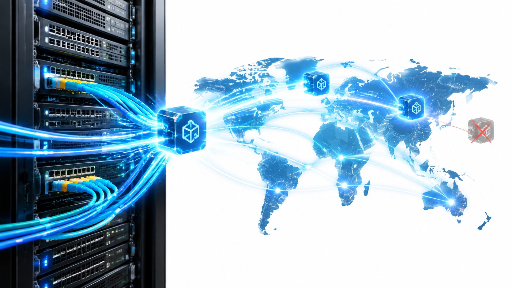 A server rack connected to a digital globe network with glowing data blocks illustrating global connectivity.