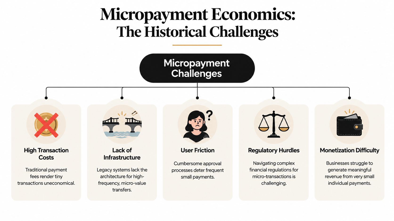 A diagram outlining the five major historical challenges associated with micropayment economics, including costs and regulations.