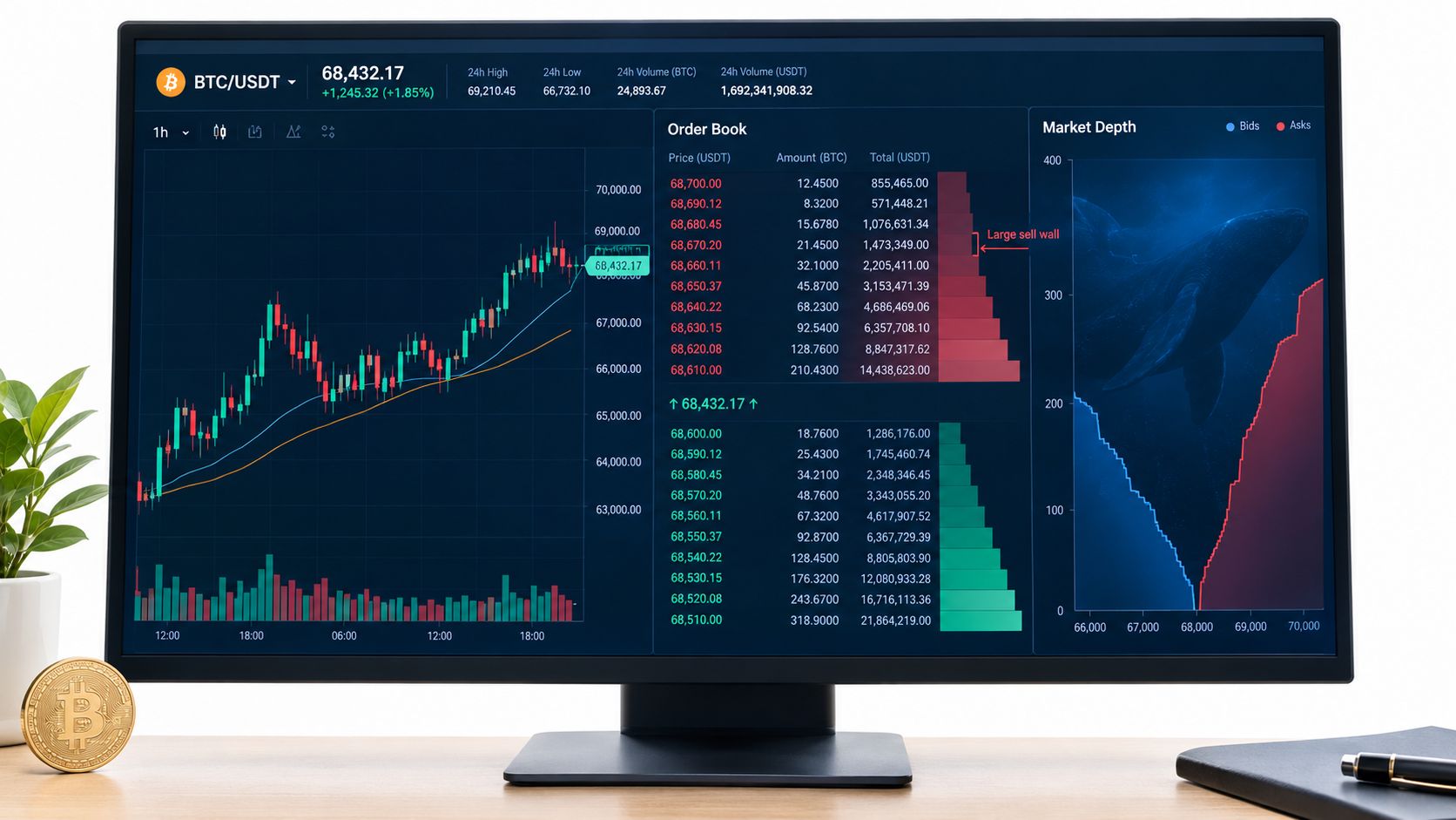 A computer monitor displaying a cryptocurrency trading dashboard with candlestick charts, order books, and market depth visualizations.