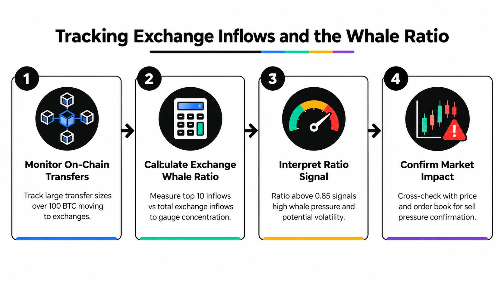 A four-step infographic explaining how to track crypto exchange inflows and calculate the whale ratio metric.