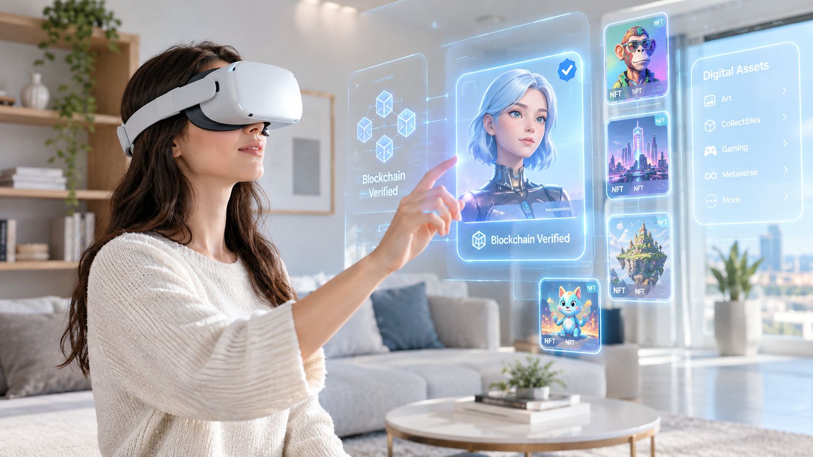 A woman wearing a VR headset interacts with a digital holographic interface showcasing NFTs and digital assets.