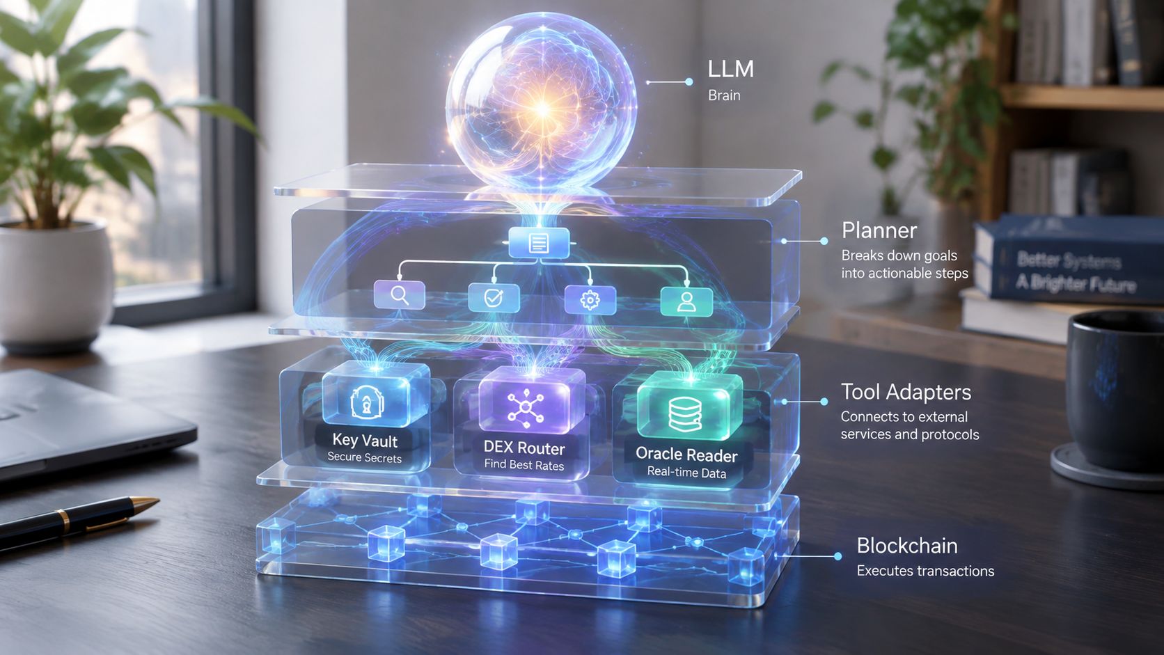 A 3D visualization representing an agentic automation architecture with an LLM brain, planner, tool adapters, and blockchain.