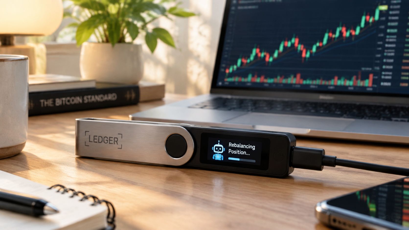 A Ledger hardware cryptocurrency wallet displaying rebalancing position on a wooden desk near a laptop.