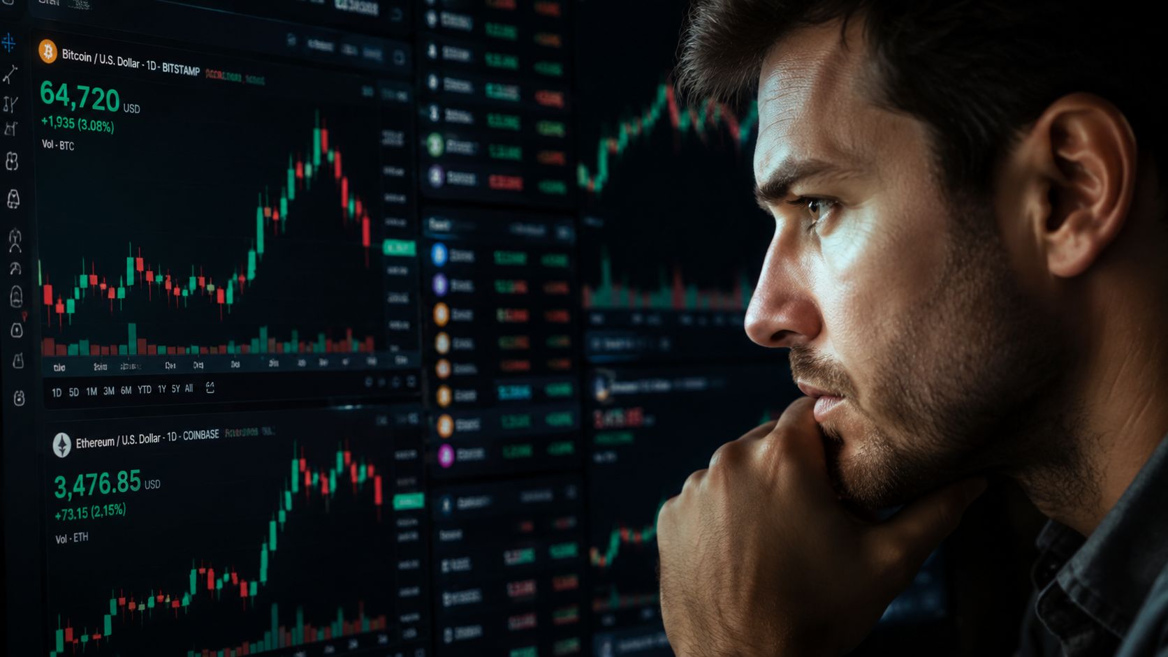A focused man intently studying complex cryptocurrency financial charts on multiple digital screens in a dark room.